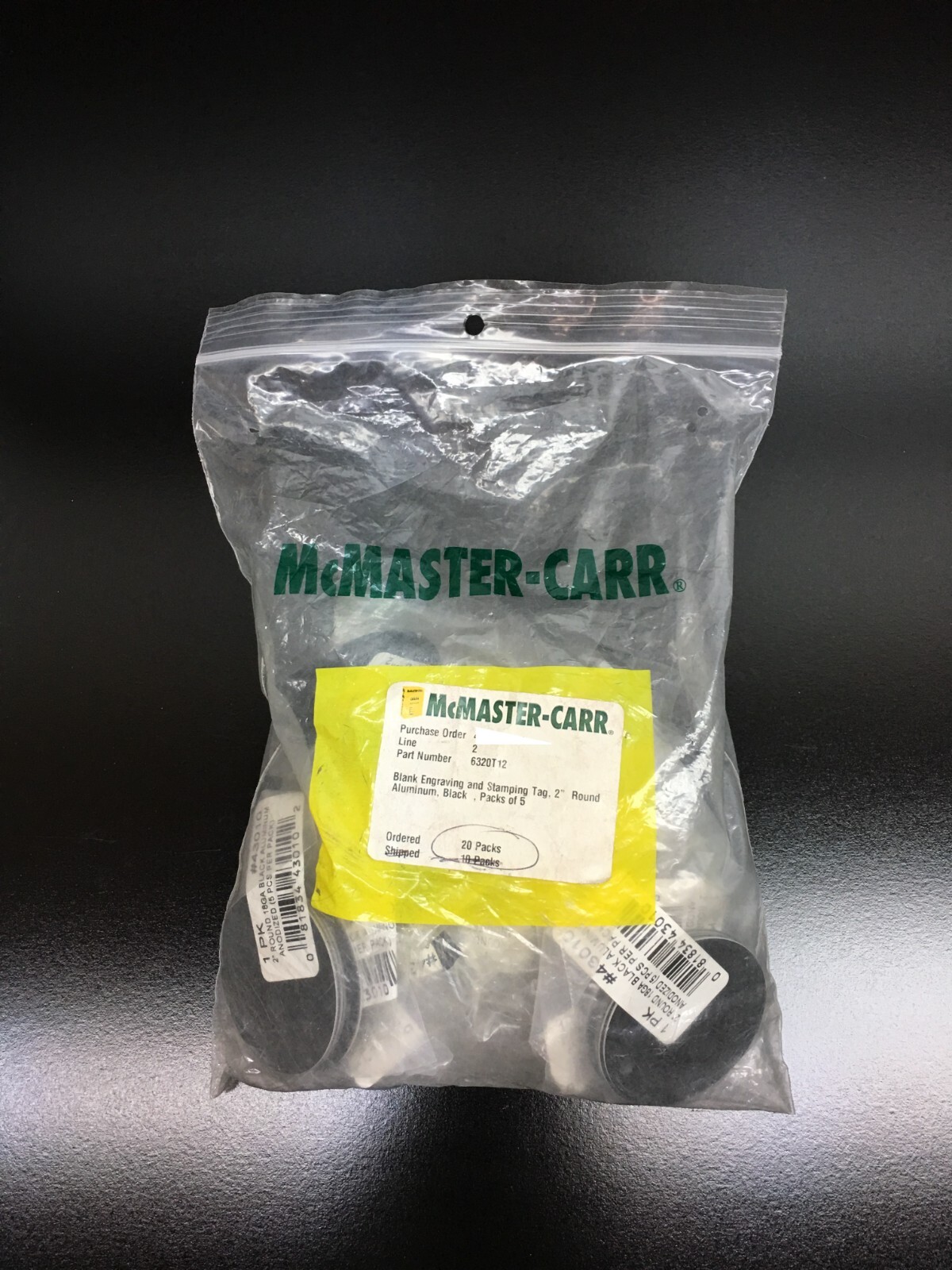 McMaster Carr PN 6320T12 REF 43010 Blank Engraving 2″ 18GA Round Aluminum Black