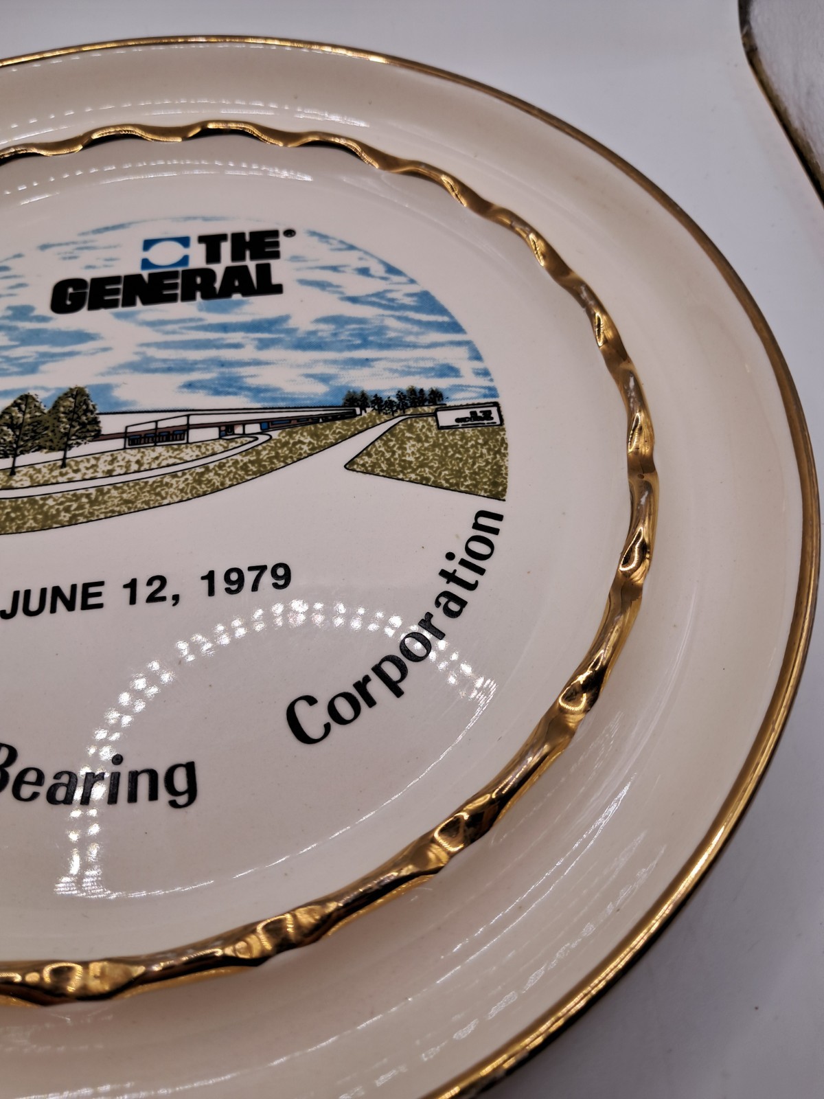 General Bearing Corporation Advertising Gold Trim Ceramic Ashtray Trinket Dish