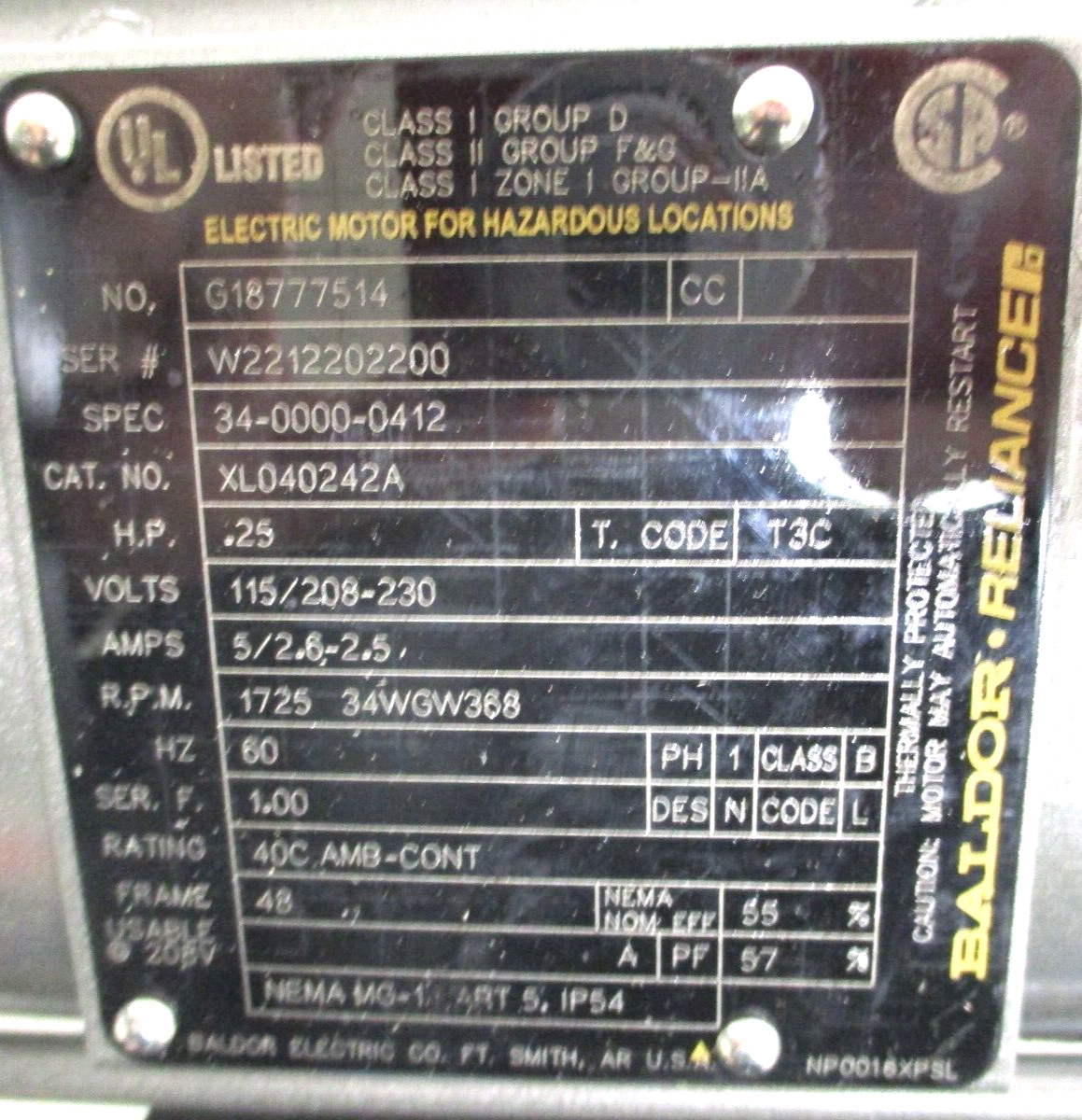 BALDOR-RELIANCE , ELECTRIC MOTOR , XL040242A , 0.25-HP , 1725-RPM , SURPLUS