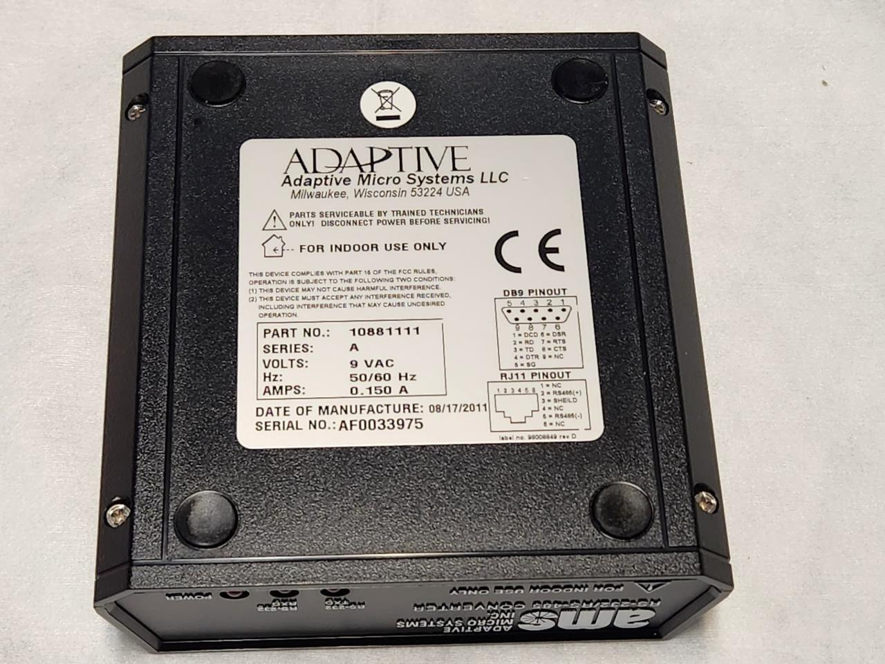 ADAPTIVE MICRO SYSTEMS RS-232/RS-485 CONVERTER Part# 10881111 50/60Hz New