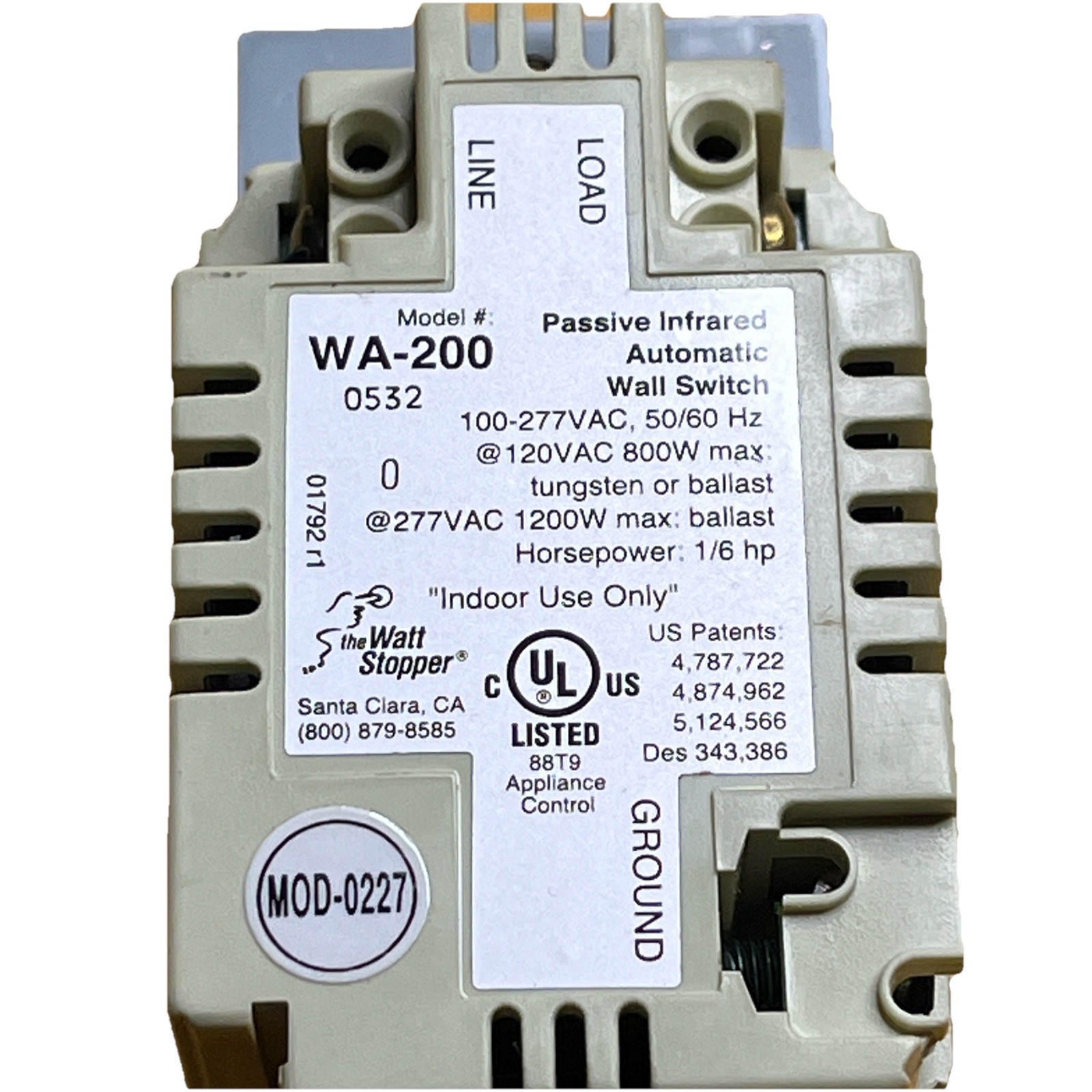 Watt Stopper WS-200-I Automated Wall Switch 120-277 VAC 60 Hz Ivory