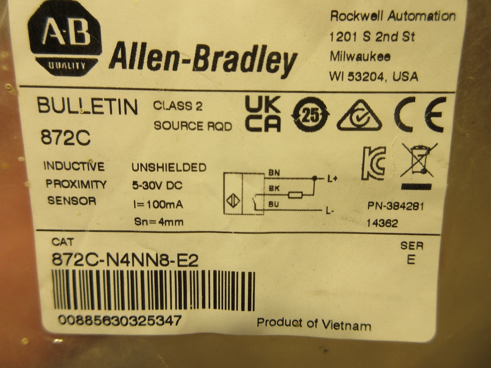 ALLEN-BRADLEY 872C-N4NN8-E2 INDUCTIVE PROXIMITY SENSOR, 8MM, IA0067
