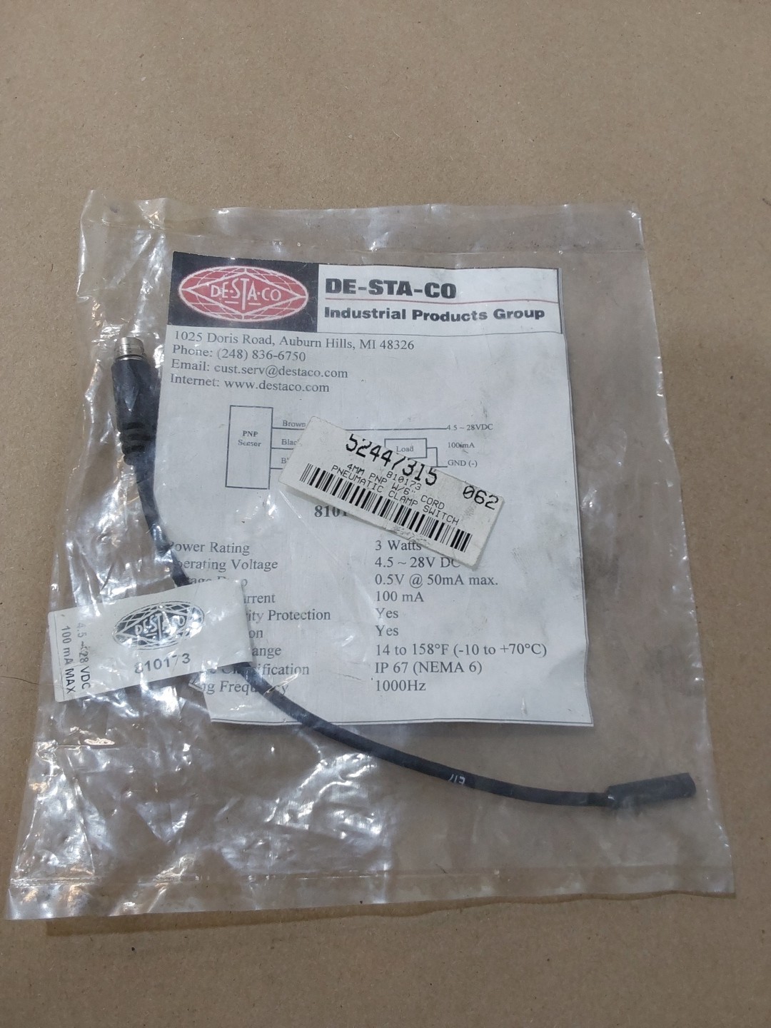 DE-STA-CO, 810173 4MM PNP W/6″ CORD PNEUMATIC CLAMP SWITCH