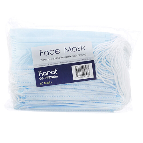 FACE MASK, 3-PLY, BX/50 W/ ELASTIC EAR LOOP