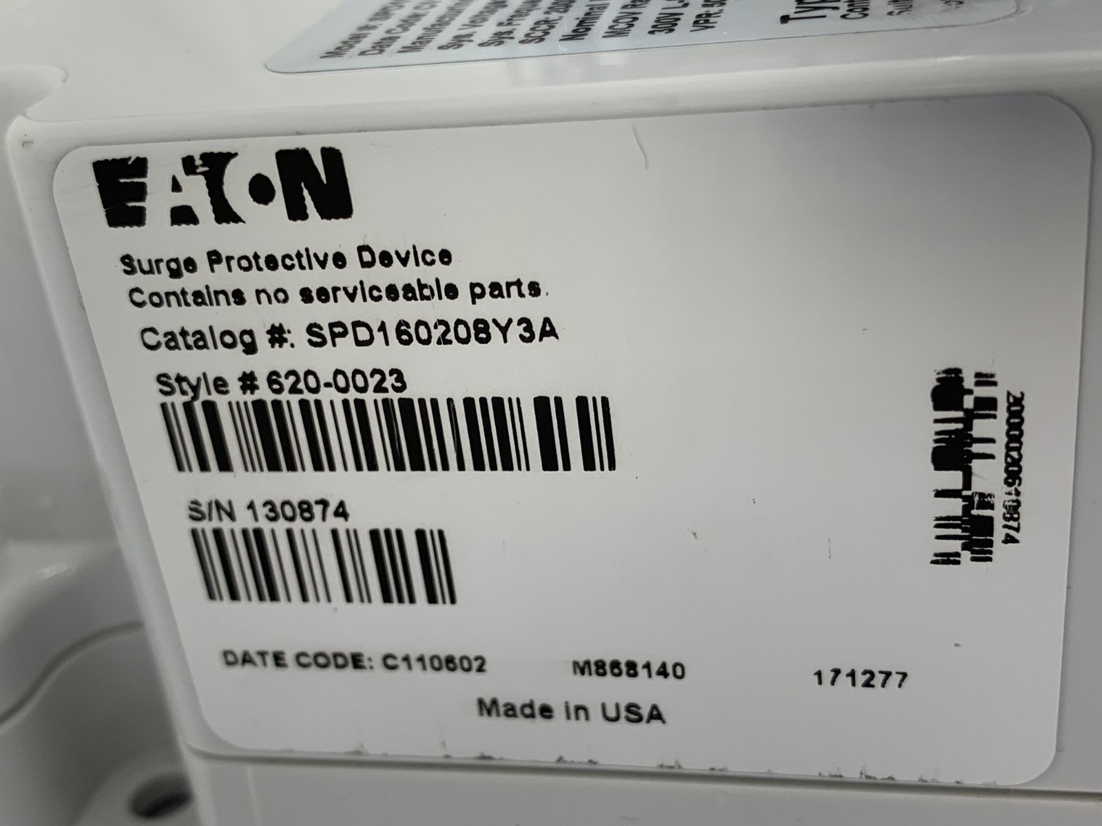 Eaton SPD160208Y3A SPD Series 160kA 120/208V Surge Protection Device SCCR 200kA