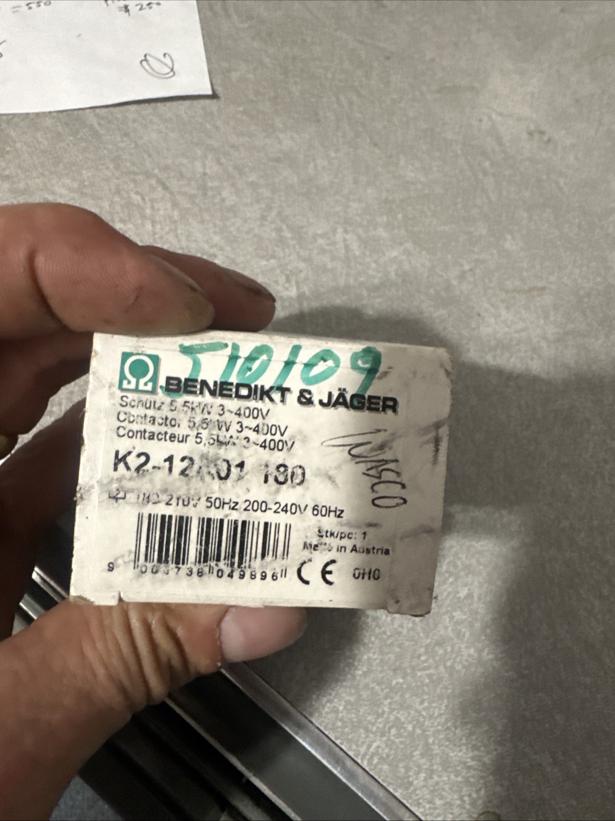 Benedikt & Jäger K2-12A01 Contactor 5.5kW 3-400V 50Hz 220-240V Coil