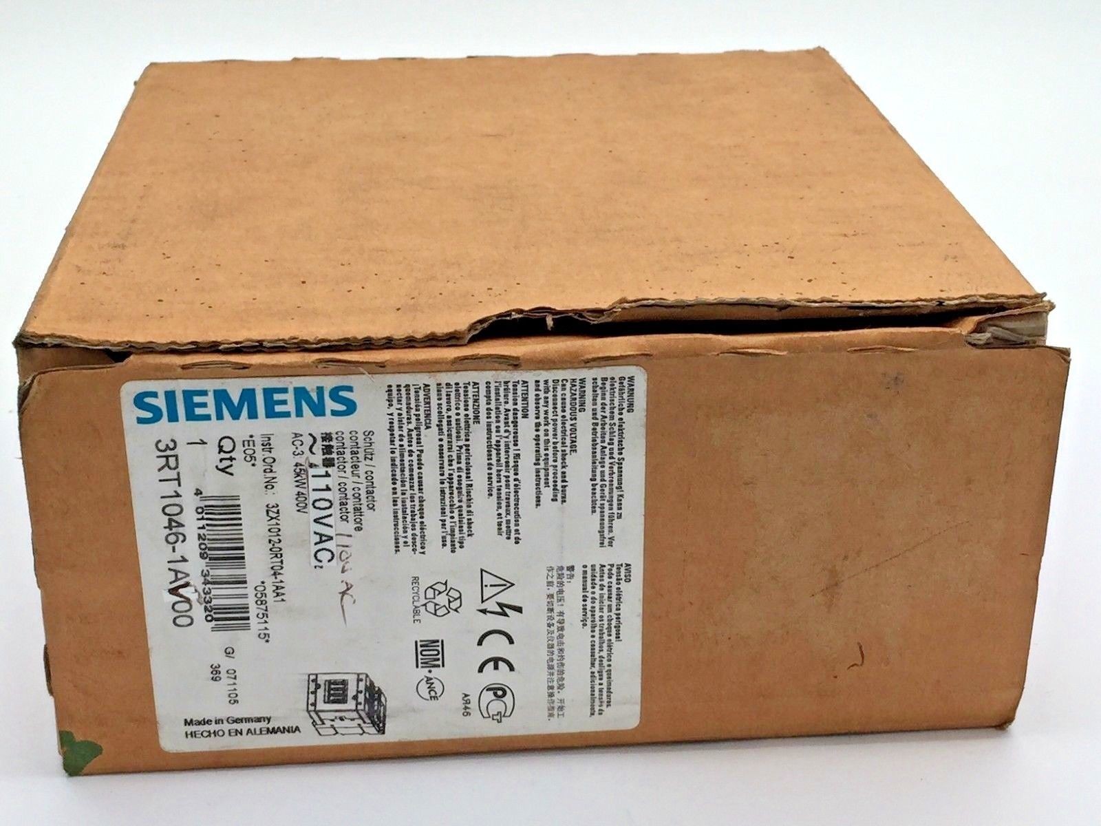 Siemens Sirius 3RT1046-1AV00 Contactor 110V 3P 3 Pole AC-3 400V 45kW 95A 95 Amp