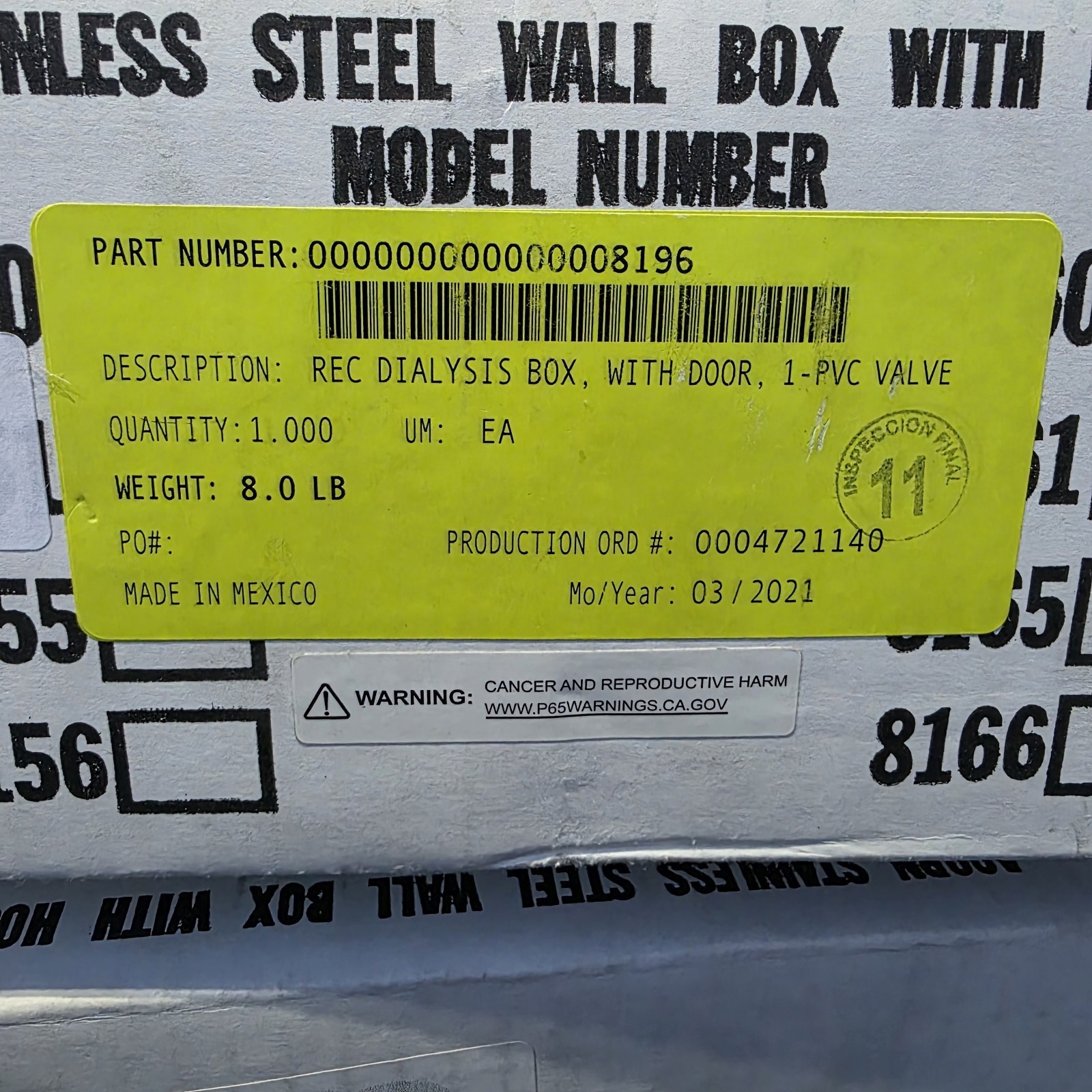 Acorn Engineering 8196 Series Single Valve Recessed Dialysis Supply & Waste Box