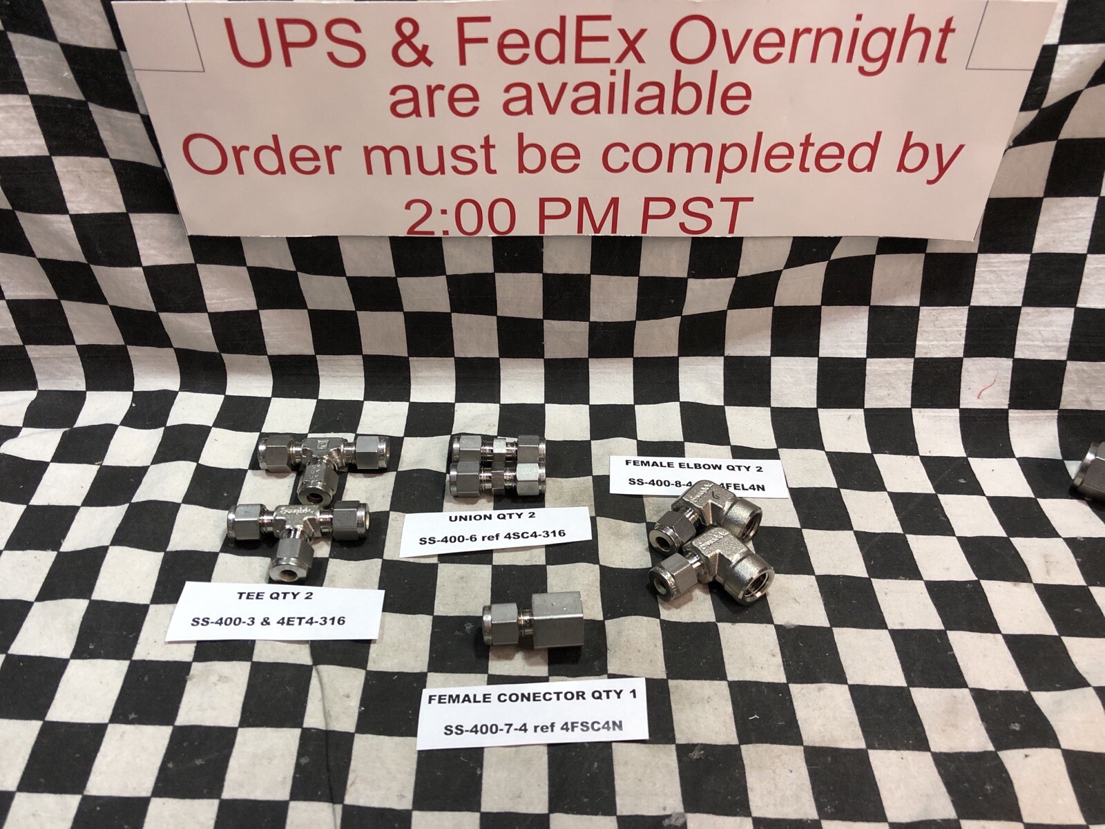 PARKER/SWAGELOK TEE ELBOW 1/4” SS-400-3, 4ET4-316, SS-400-8-4 , LOT OF 7#1649V4