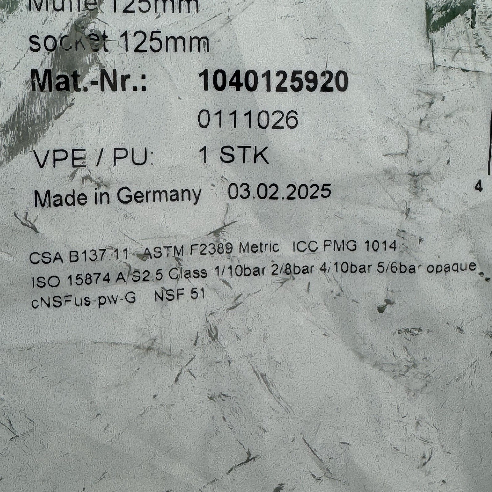 Aquatherm 1040125920 4” Socket Coupling 125mm PP-R Fusion Germany NEW