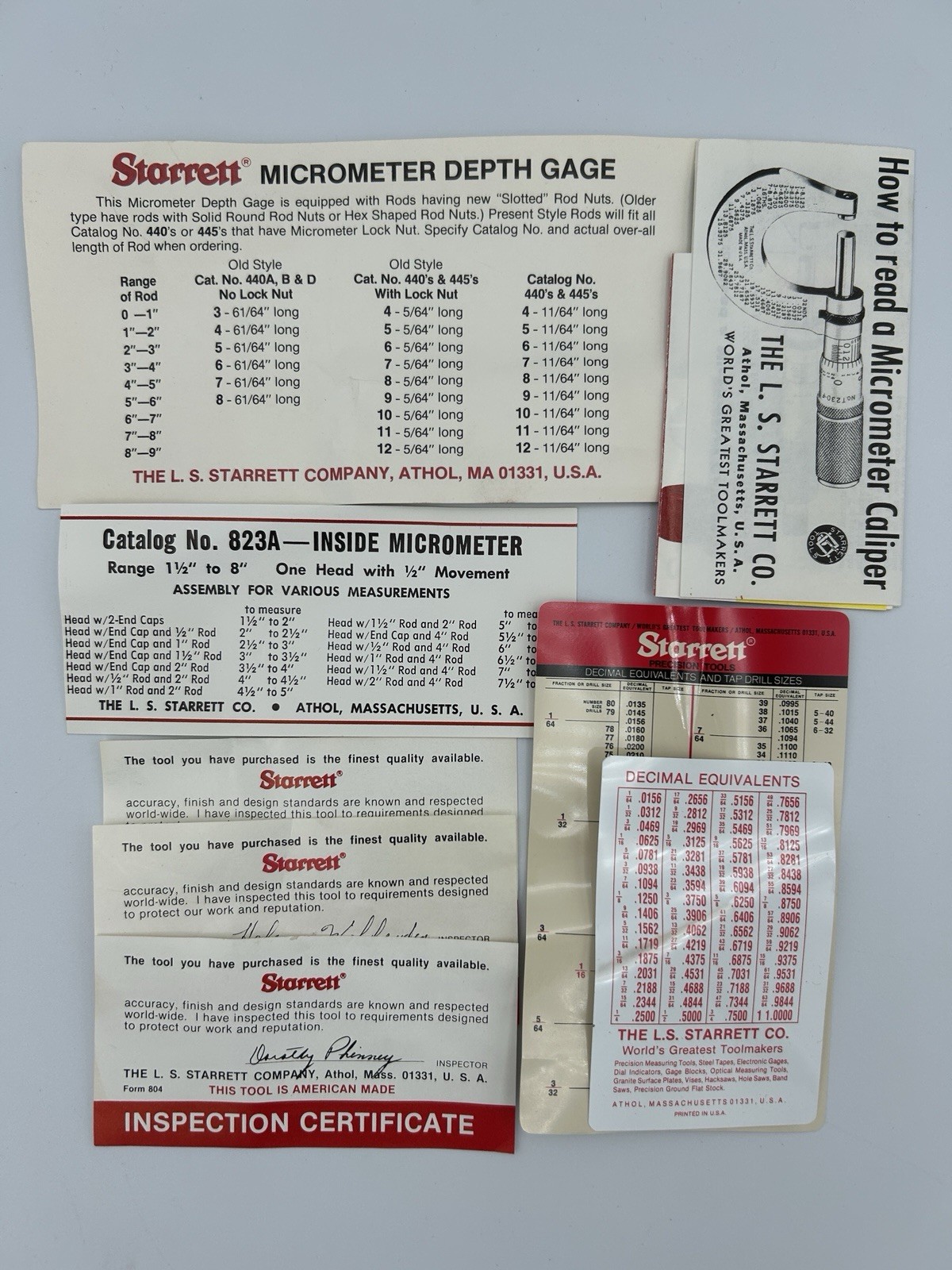 Starrett S906Z Depth Inside Outside Micrometer Set 230, 436, 445 Boxes & Papers