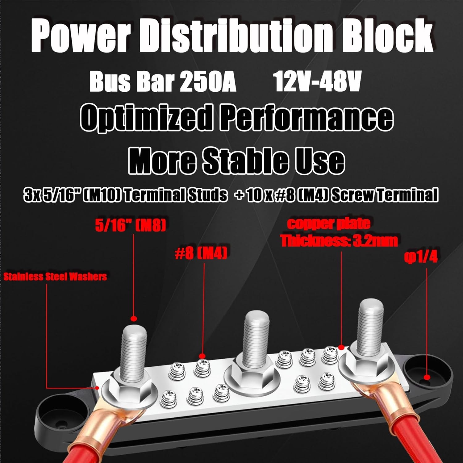 250A Bus Bar 12V Marine 5/16″ Power Distribution Block 3 x +10 x #8