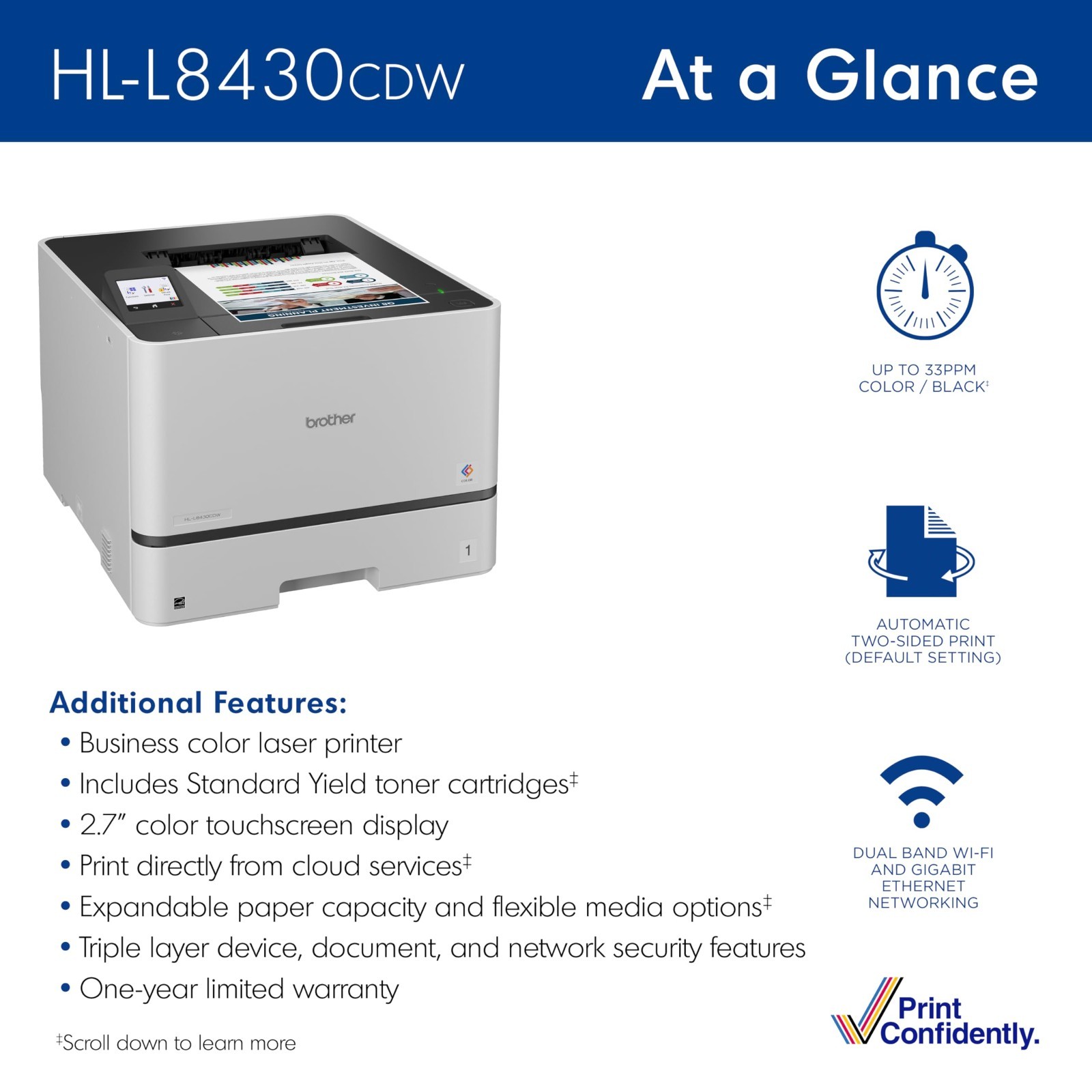 Brother HL-L8430CDW Business Color Laser Printer with Low-Cost Printing and Wire