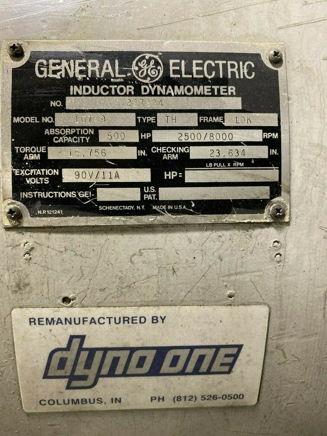 GE 1G749 500 HP DYNAMOMETER 2500 to 8000 RPM