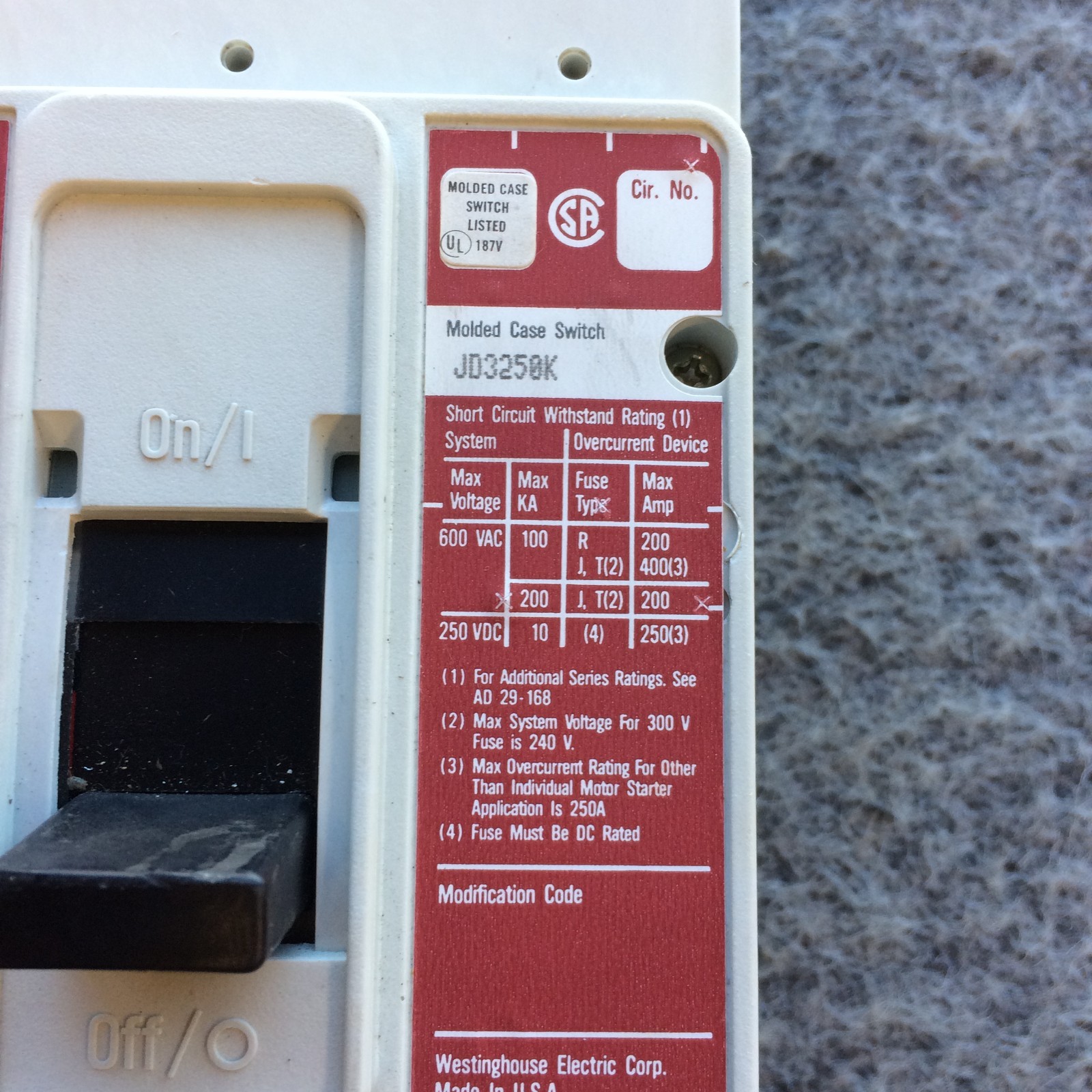 NEW TAKEOUT – Westinghouse JD3250K SER C 250 A 3P MOLDED CASE BREAKER SHIP FAST