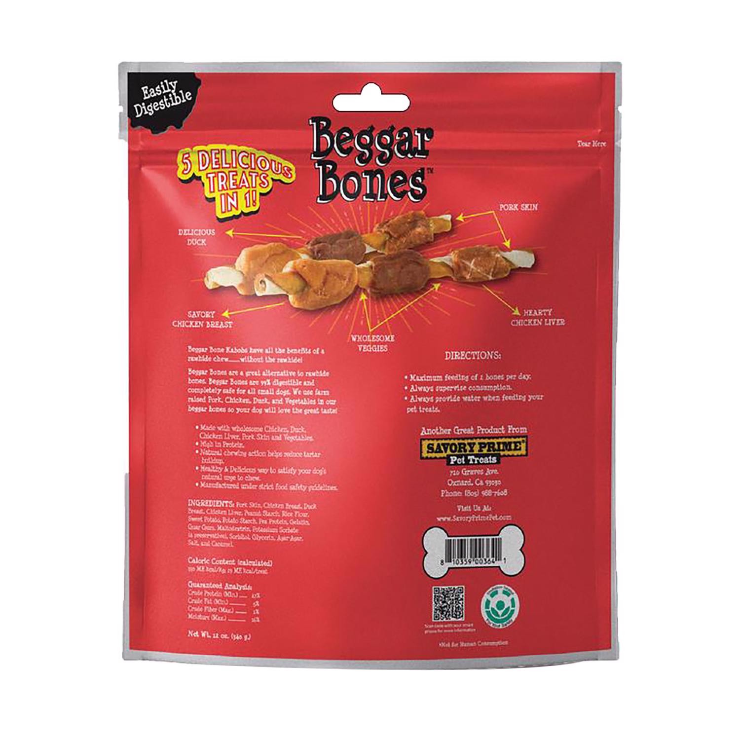 Savory Prime 364 Beggar Bones 5-In-1 Kabobs Grain Free Treats 8 in. for Dogs