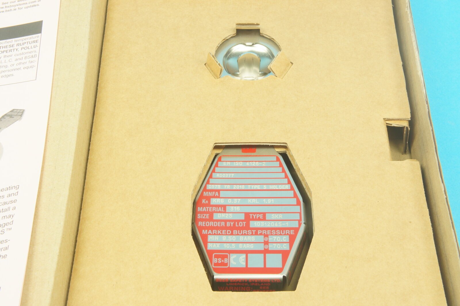 BS&B 10312045-1 SKR rupture disk 1 in.(1″)/DN 25 316SS 9.50-10.50 bar(G) @ -70°C