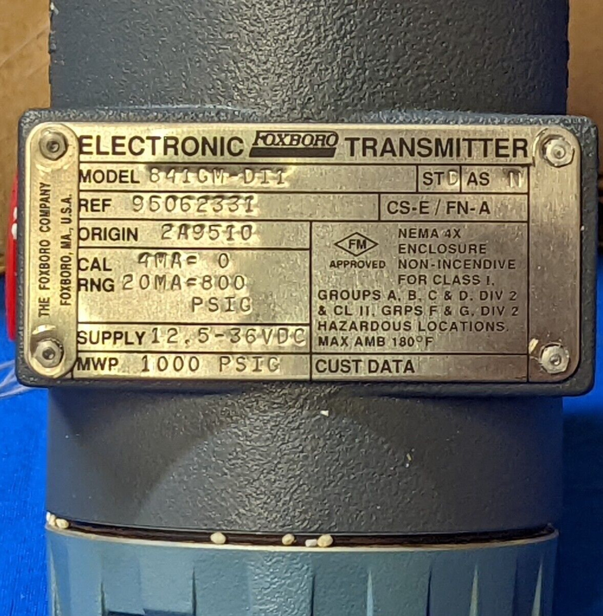 FOXBORO ELECTRONIC TRANSMITTER 841GM-DI1 1000 PSIG 12.5- 36 VDC 20MA @ 300 PSI