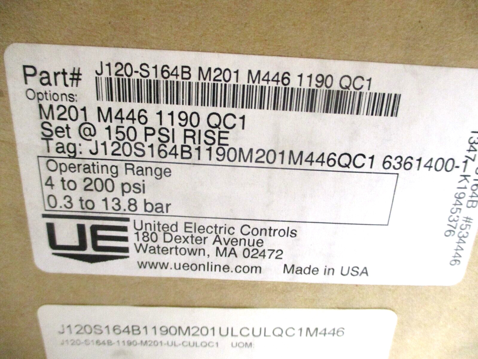 UNITED ELECTRIC CONTROLS, J120S164BM201M4461190QC1, SWITCH-TRANSMITTER, SURPLUS