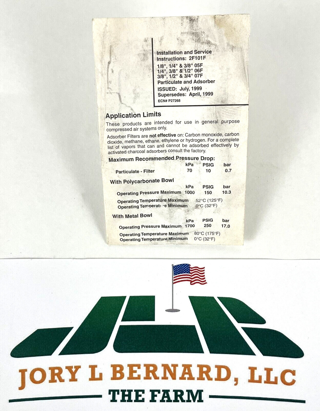 FINITE PARKER, FILTER, F07F44BC, PNEUMATIC, 3/4″ NPT, 5 MICRON MAX 250 PSI NOS S