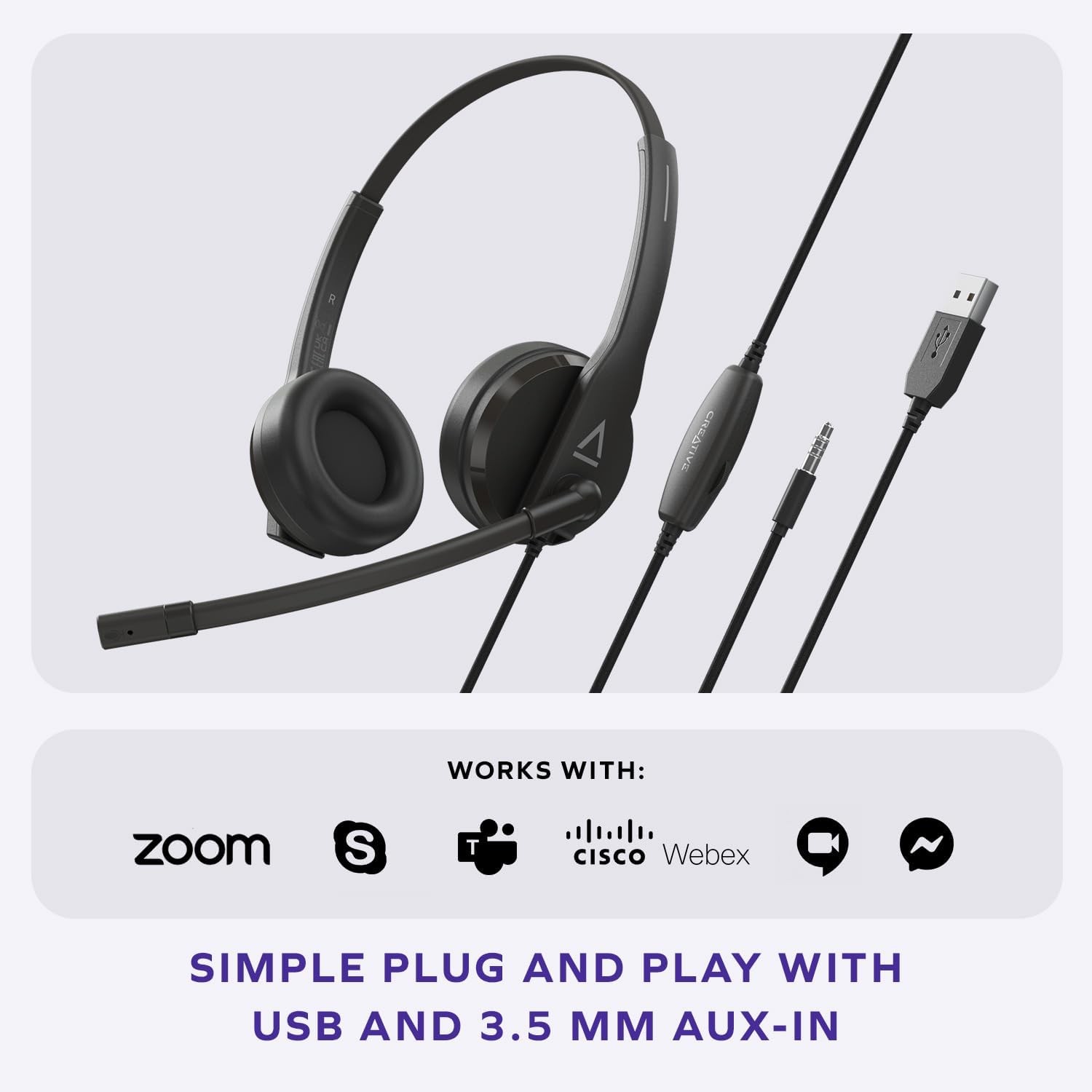 Creative HS-230 USB & 3.5 mm On-Ear Headset with Noise-Cancelling Mic, Inline Mi