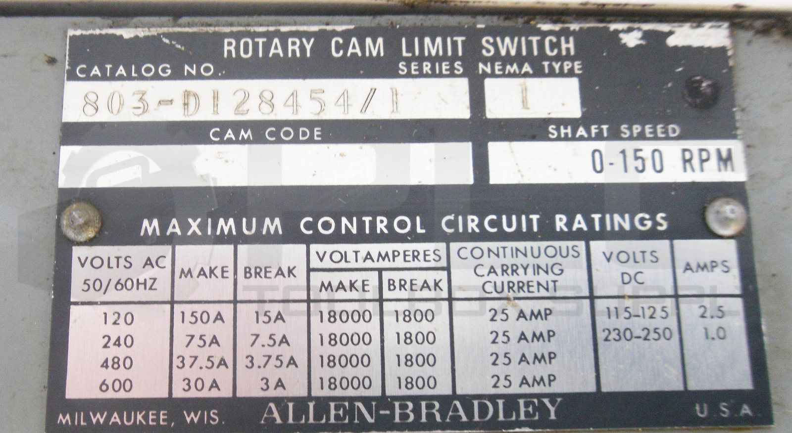 ALLEN BRADLEY 803-D 128454/1 ROTARY CAM LIMIT SWITCH 0-150RPM NEMA TYPE 1 3 CAM