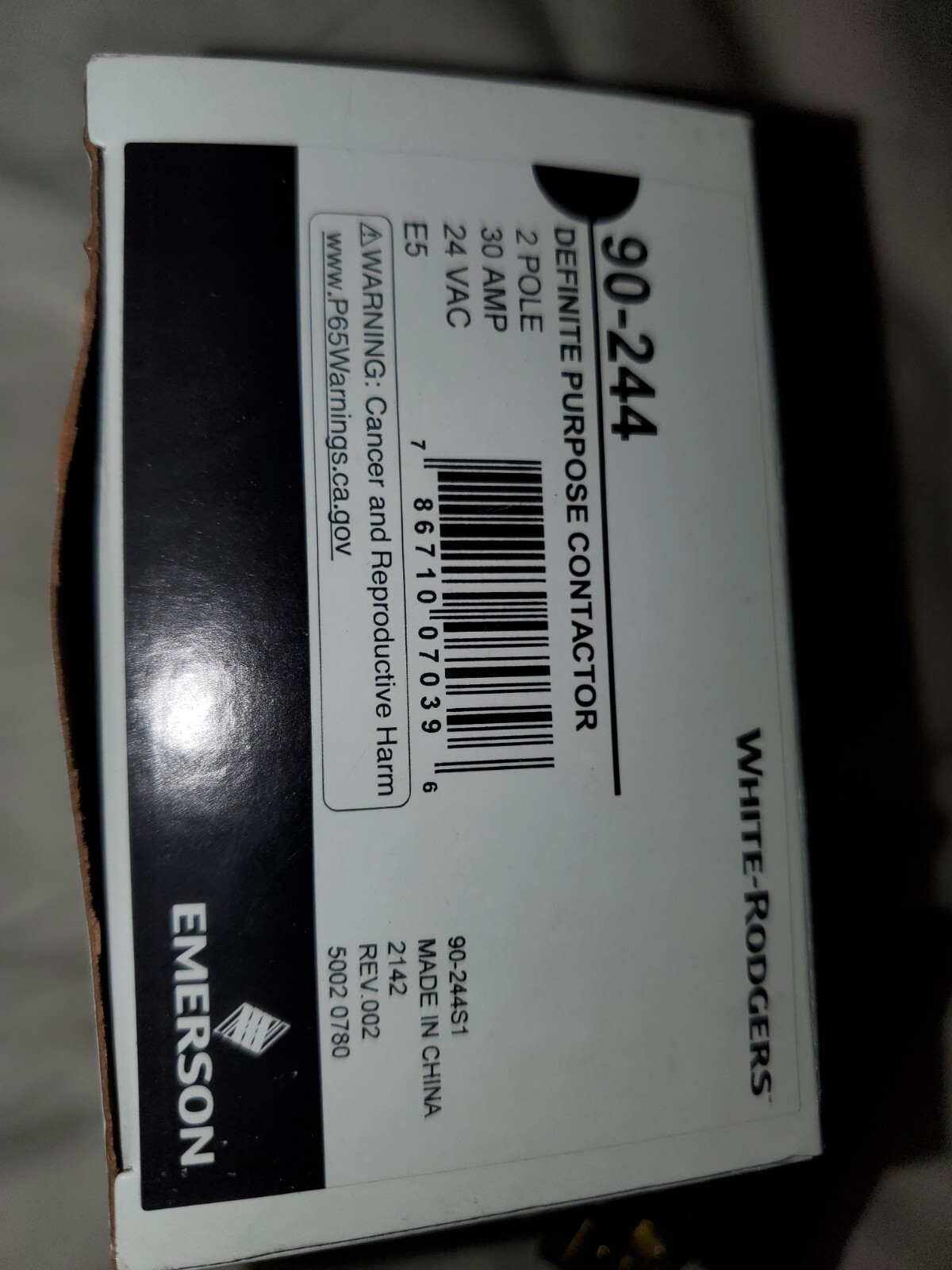 White Rodgers 90-244 Definite Purpose Contactor 2-Pole 30-Amp 24VAC NEW Emerson