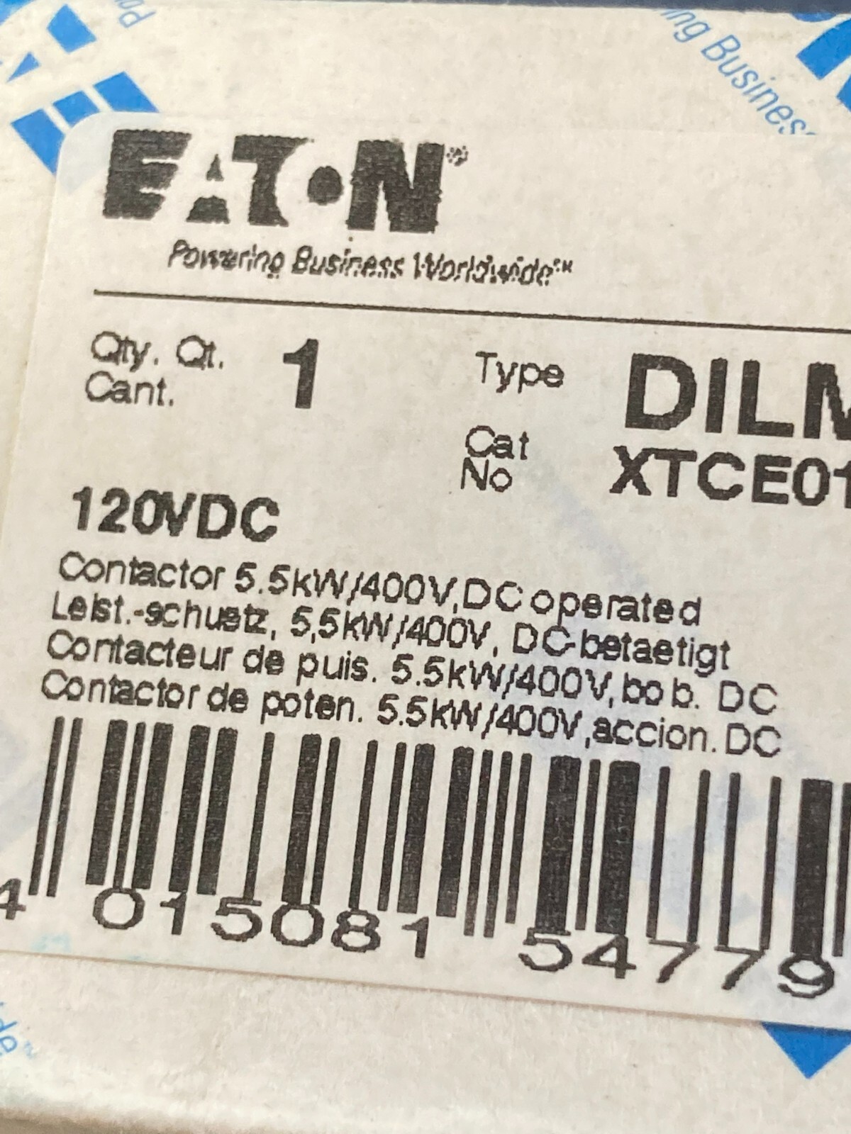EATON DILM12-10 XTCE012B10AD CONTACTOR 5.5KW/400VDC NIB