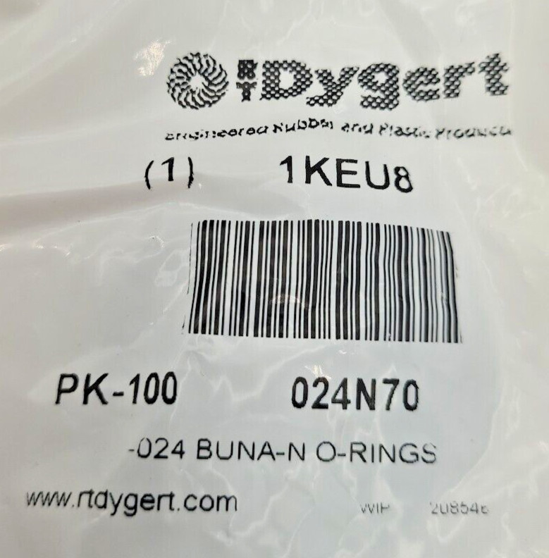 RT Dygert 1KEU8, 1 1/8″ x 1/16″, Buna-N-O Rings, 024N70, 100 Pack, new (VV)
