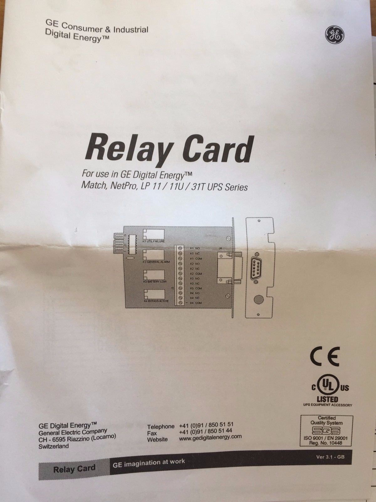 GE Digital Energy 12458 Relay Card 0996 for Match 2200/3000 Netpro and LP 11/31T