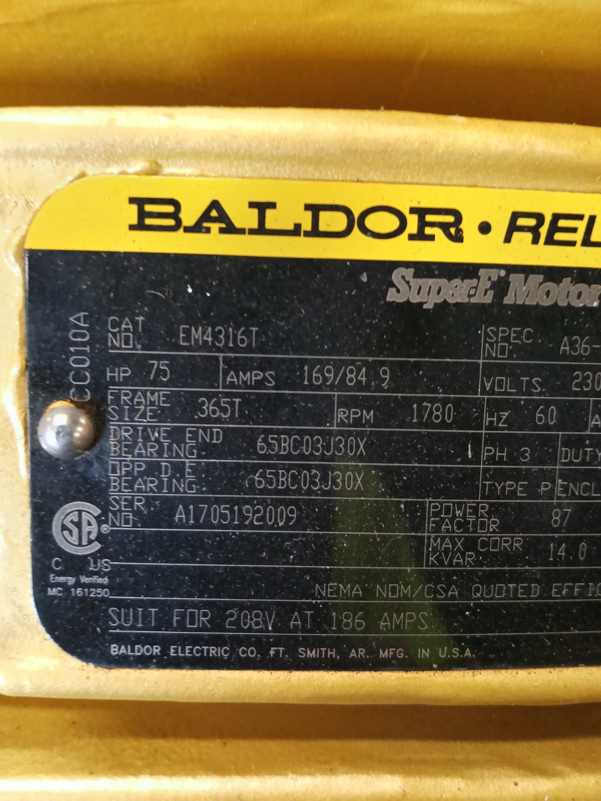 75 HP BALDOR RELIANCE EM43167 SUPER E MOTOR 169/84.9 VOLTS 230/460