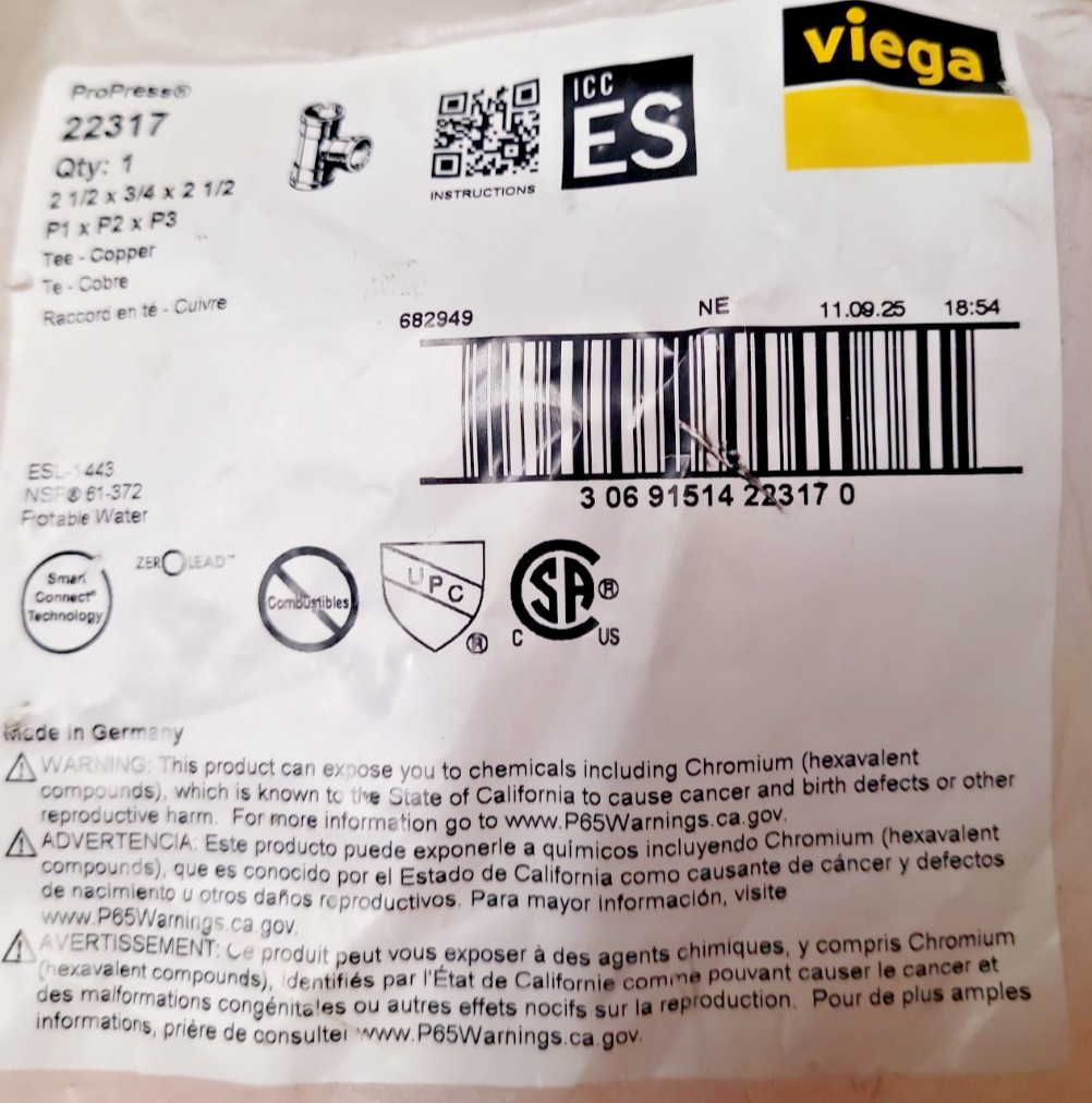 Viega 22317 ProPress XL-C Pipe Tee 2-1/2 x 3/4 x 2-1/2, Copper