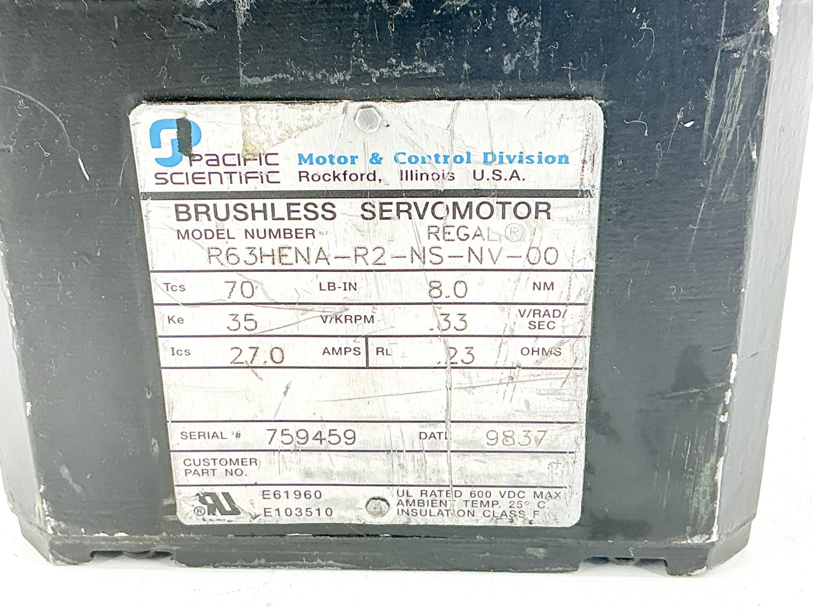 Pacific Scientific R63HENA-R2-NS-NV-00 Servomotor 27A 35RPM 8.0NM