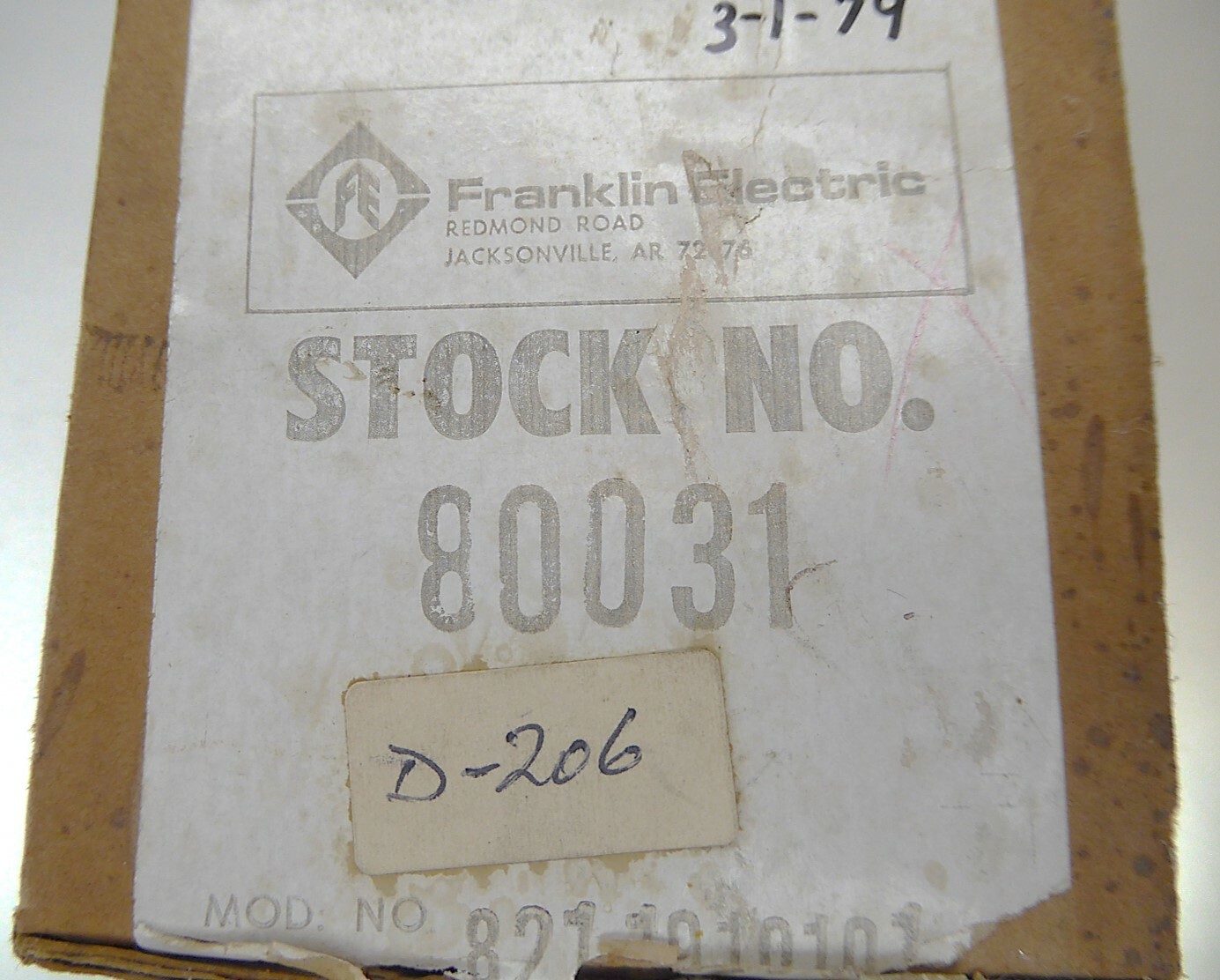 Franklin Electric 8211910101 1/40HP 115V 1.05A 3000RPM Stck# 80031 NEW IN BOX