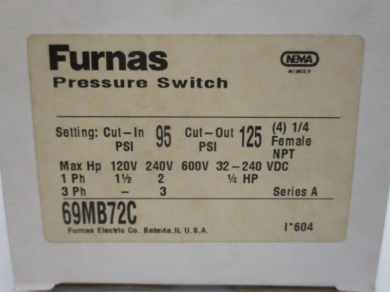 FURNAS ELECTRIC 69MB72C SER. A 600V 30-40PSI NSMP