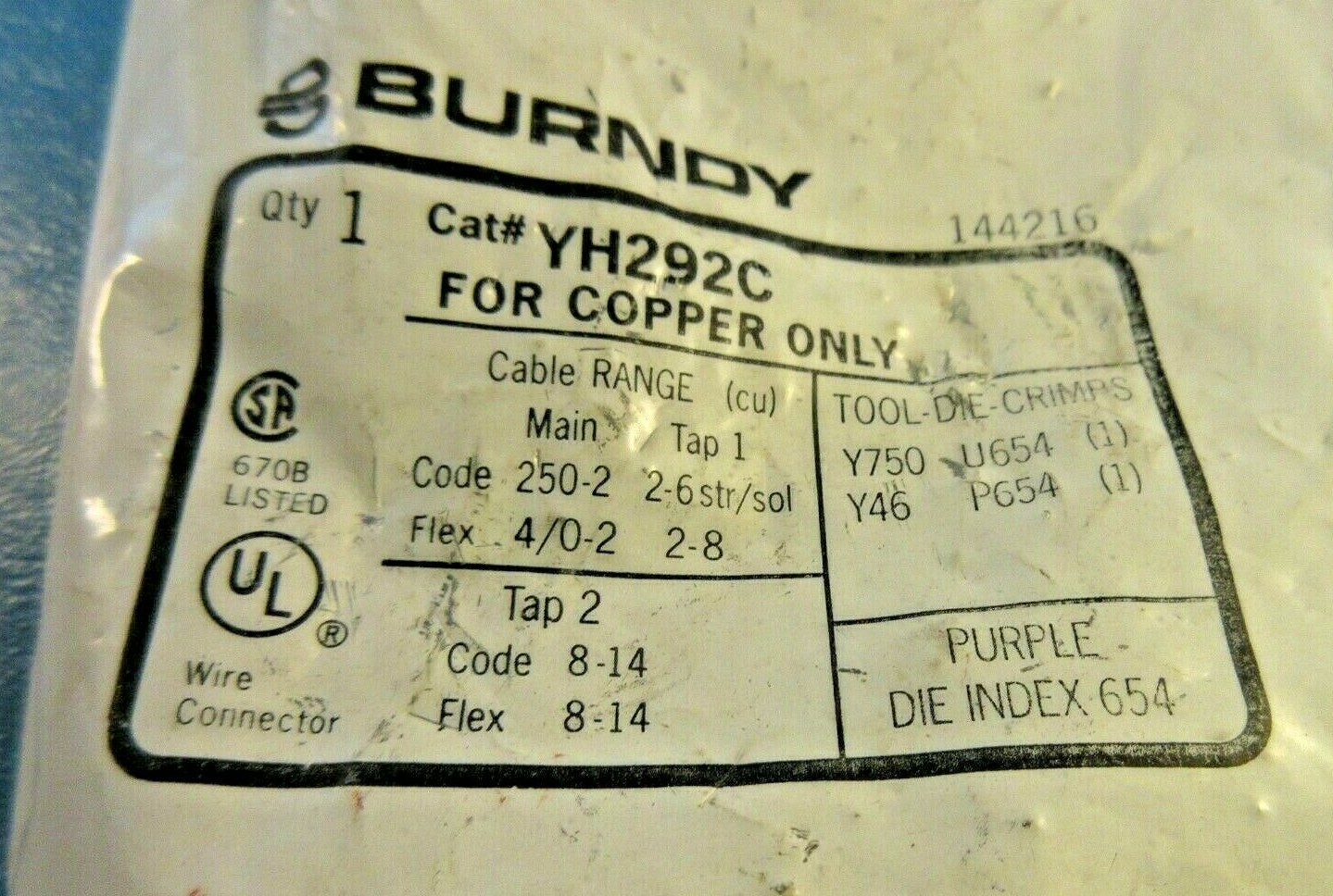 Burndy YH292C Wire Connector, For Copper Only