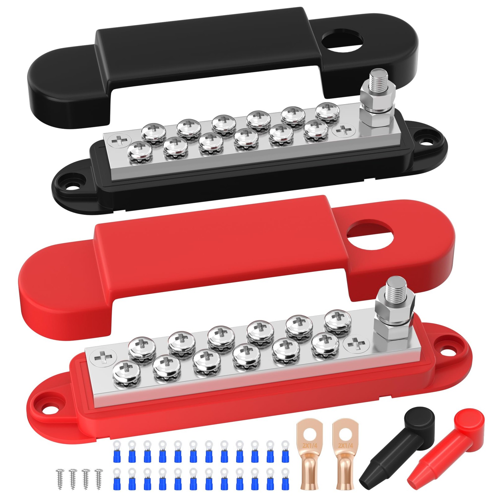 RVBOATPAT Power Distribution Block 12V 150A 1/4″ Stud Marine Red and Black