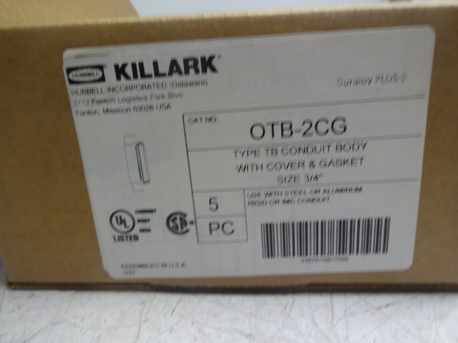 New Box of 5 Killark OTB-2CG Type TB Raintight Conduit Body, 3/4 in Hub, 7 cu-in