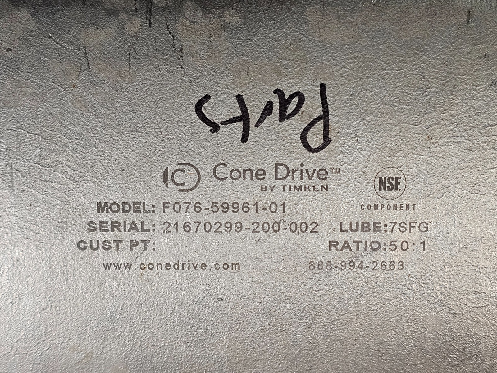 CONE DRIVE F076-59961-01 STAINLESS STEEL GEARBOX RATIO 50:1 7SFG LUBE