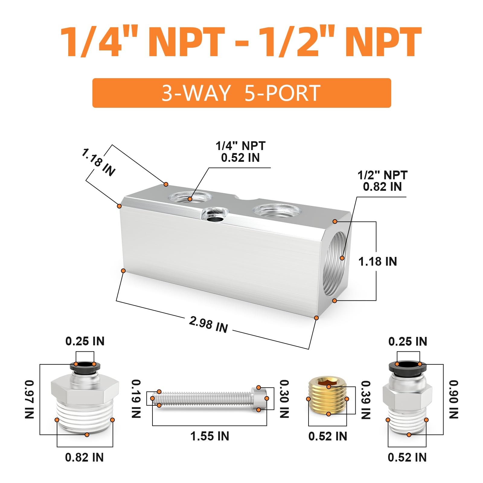 1 PC Aluminum Air Manifold 2 Way 4 Port 1/4 NPT Output 1/2 NPT Supply