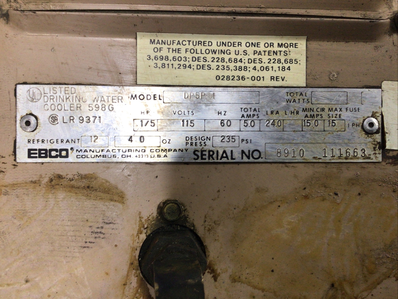 EBCO DRINKING WATER COOLER REFRIGERANT UNIT DP5P-1 CNC FADAL HT MILL #58C69PR4