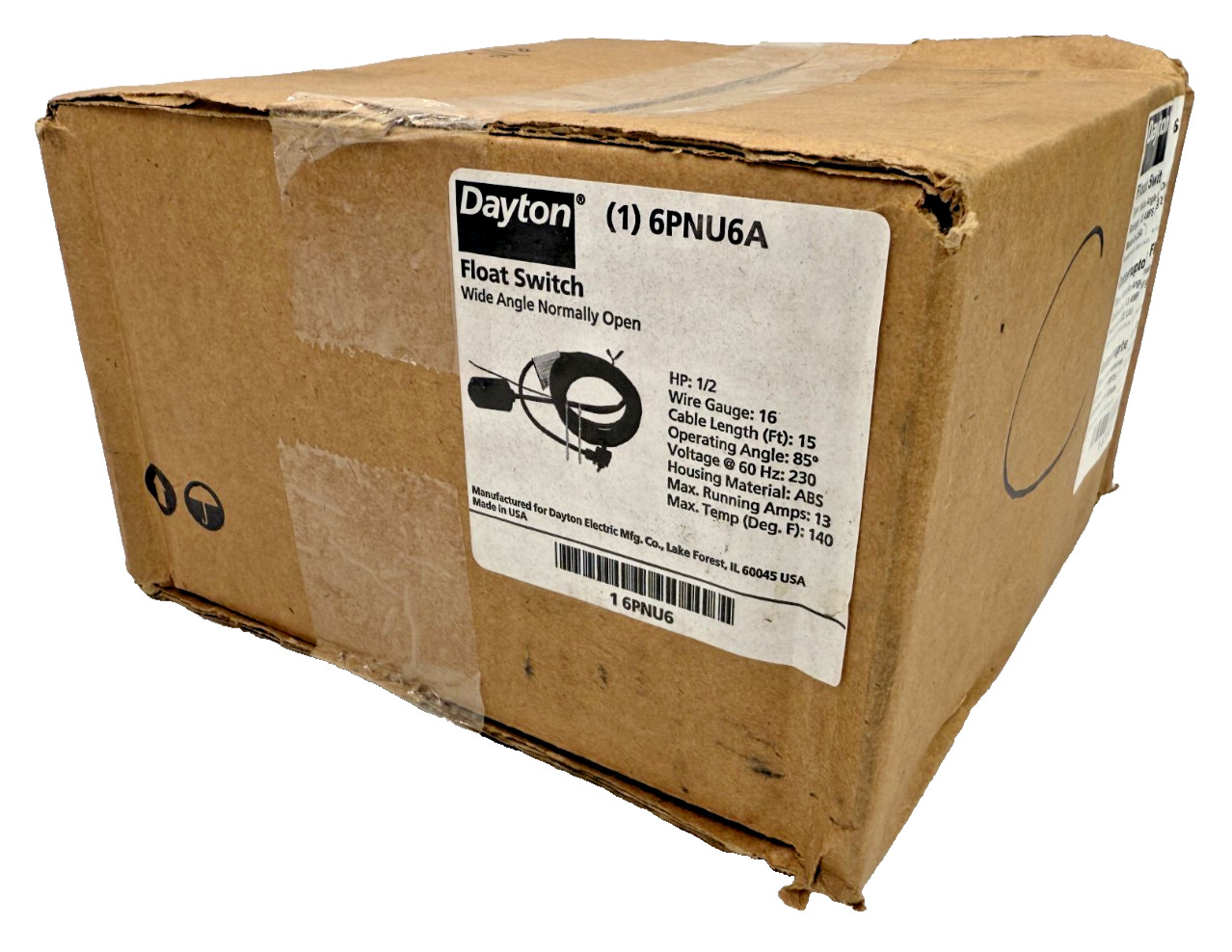 Dayton 6PNU6A Wide Angle Normally Open Float Switch 1/2HP 230V