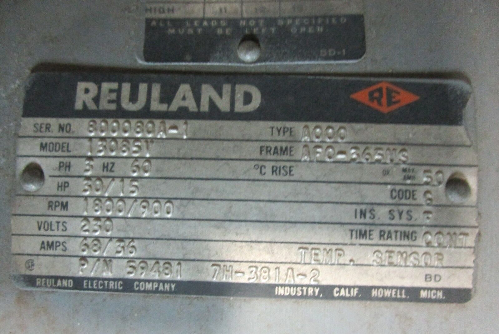 Reuland Electric Motor AFO-365US Frame 30/15 HP 1800/900 RPM 230 Volts 51144LR