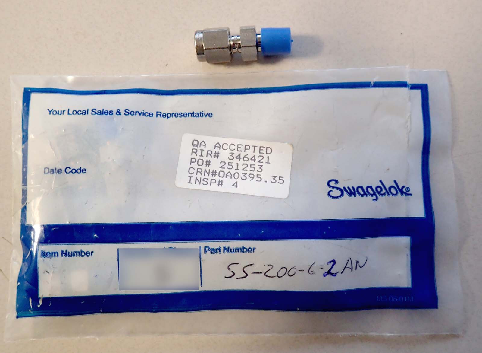 SWAGELOK SS-200-6 -2AN SS TUBE FITTING, UNION, 1/8 IN. TUBE OD X 1/8 NEW