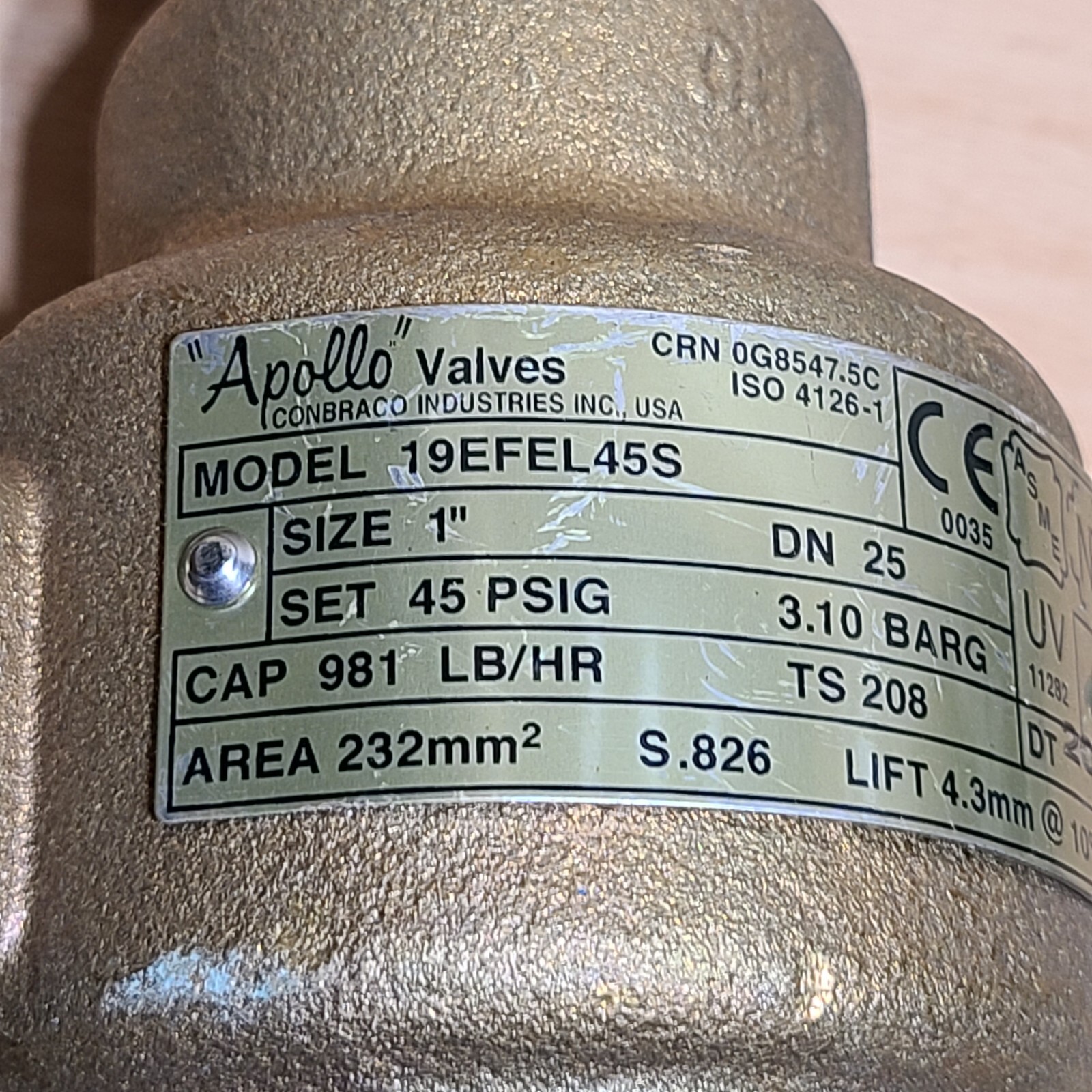 Lot of 2 APOLLO 19EFEL45S SAFETY VALVE 1″ NPT, Set @45 PSIG,Cap 981 LB/HR