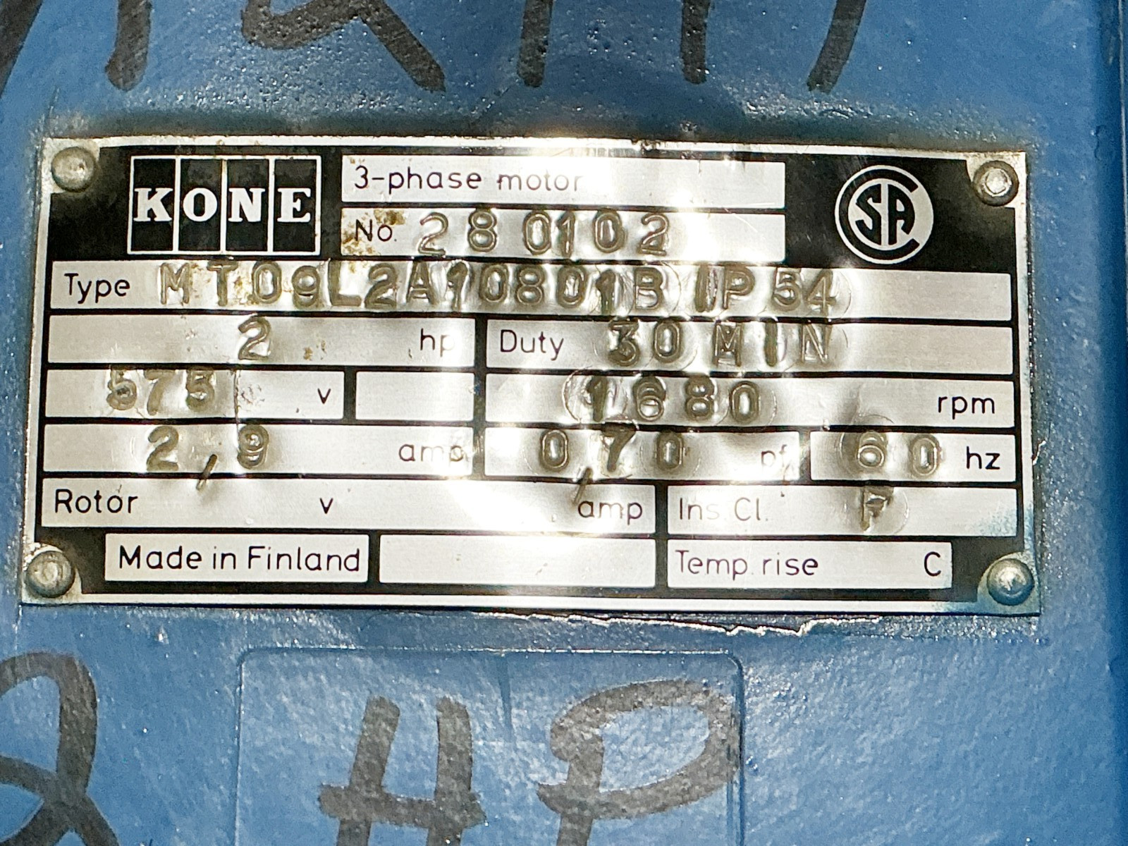 Kone MT09L2A10801BIP54 Electric Motor 2HP 575V 1680RPM 2.8A 3PH 280102