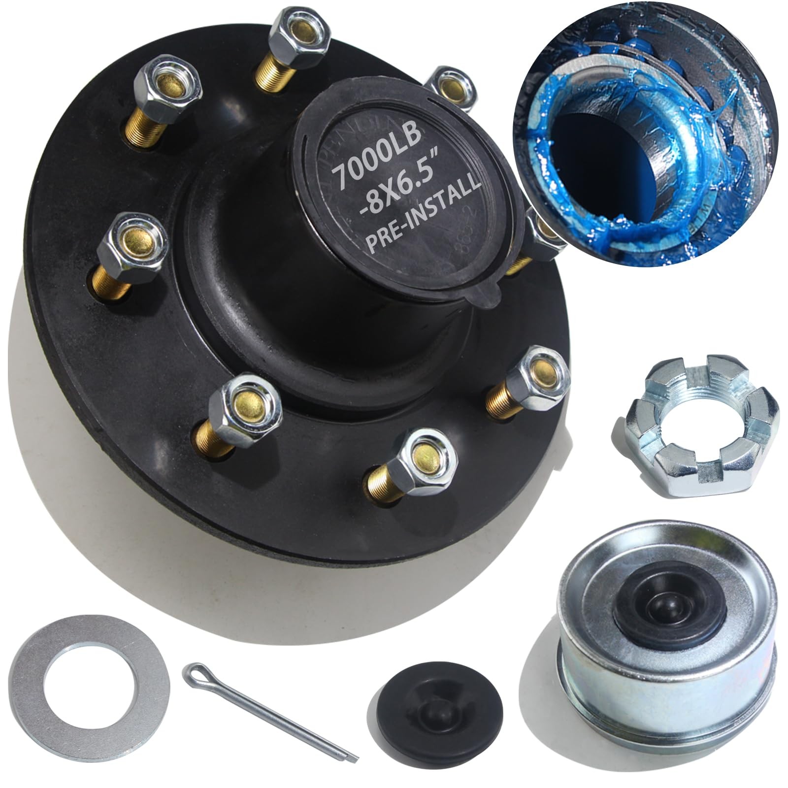 iBroPrat 1 Set Trailer Hub Kit 8 Bolt 6.5″, Pre-Lubricated and Installed…