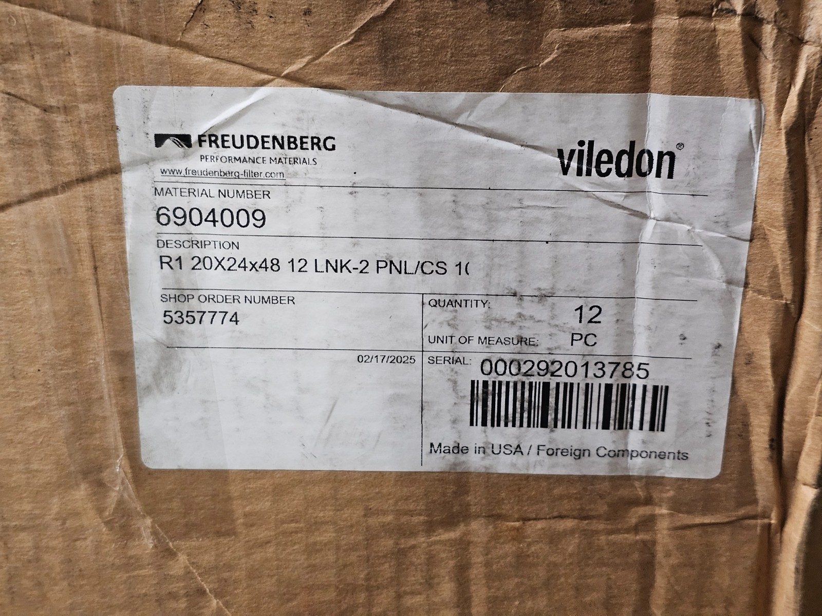 (QTY 12) Freudenberg 6904009 Diffusion Panel 20in x 24in x 48in , White