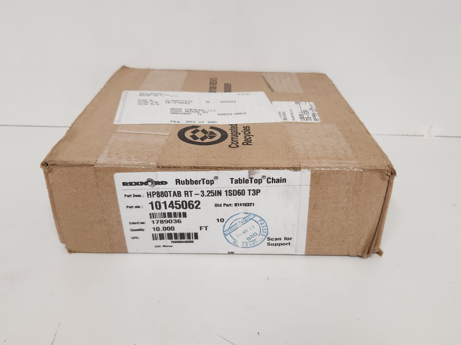 NEW IN BOX! REXNORD RUBBERTOP 10′ CHAIN 10145062 HP880TAB RT-3.25IN 1SD60 T3P