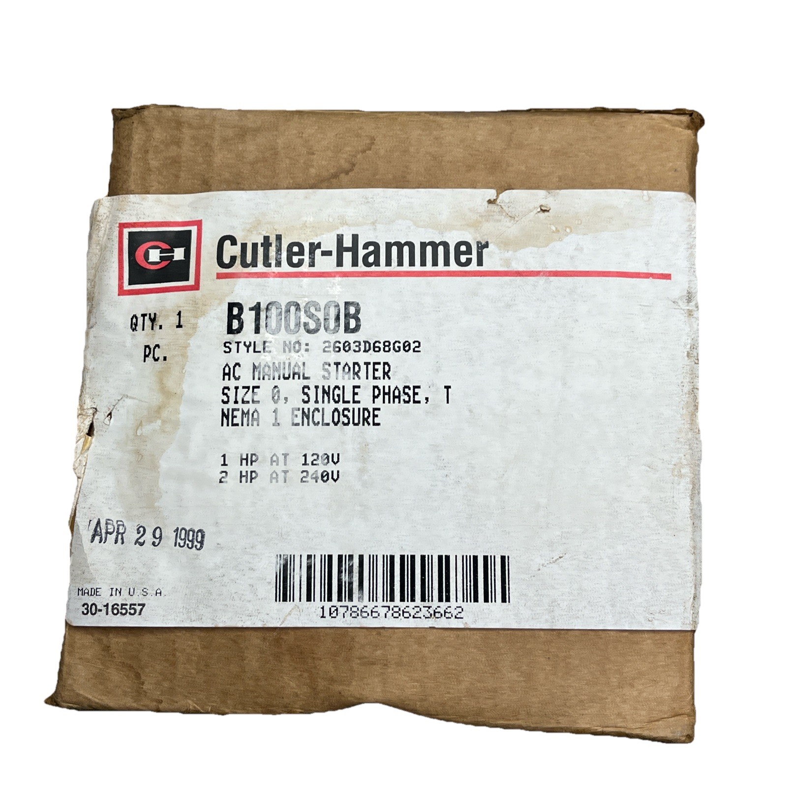 B100S0B EATON Cutler Hammer MOTOR STARTER MANUAL 2 HP 240 VAC Style 2603D68G02